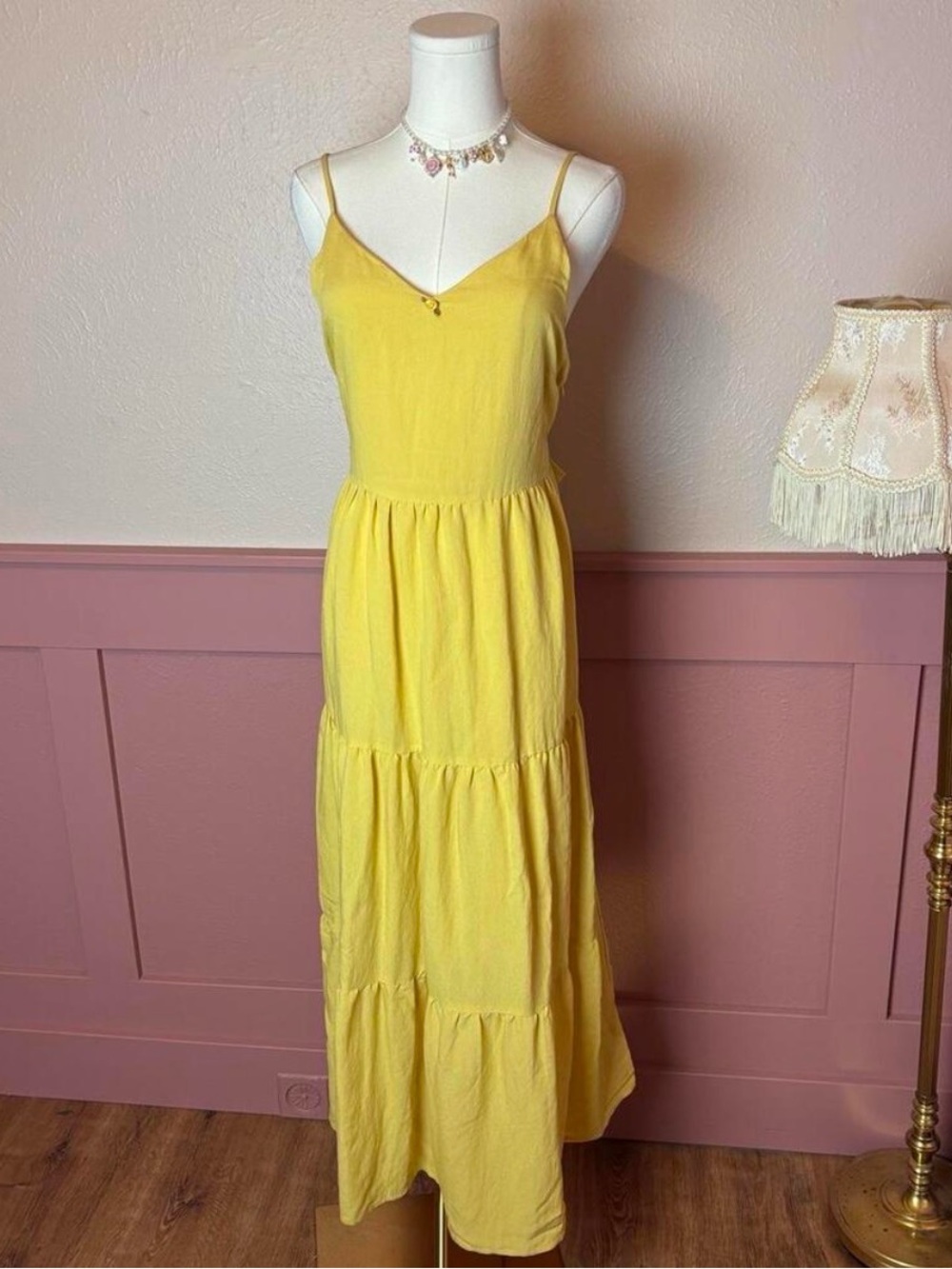 cottage fairy babydoll pastel tie back maxi dress moon river small yellow